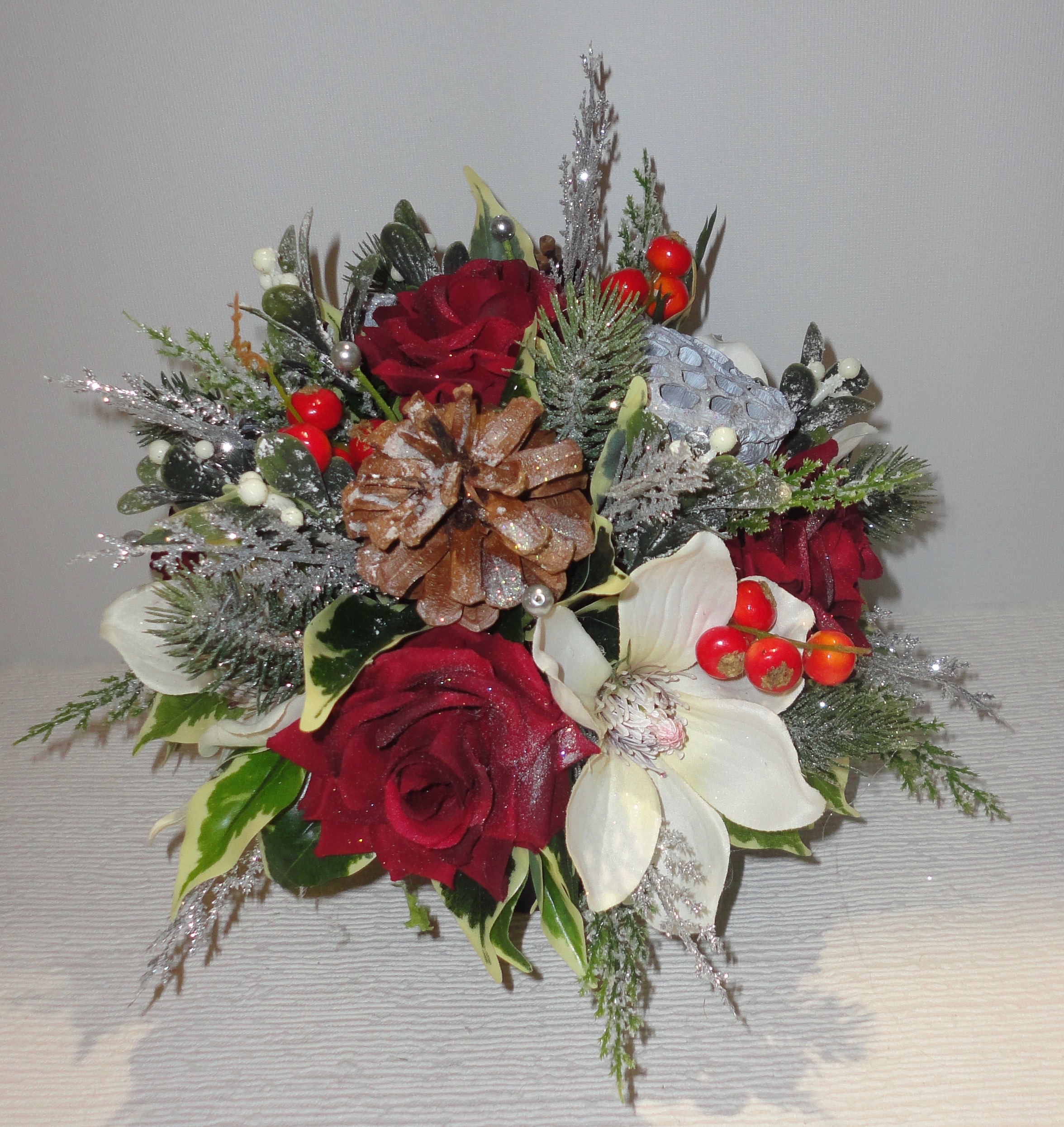 Deep Red Rose, Berry & Pine Cone Table Centrepiece